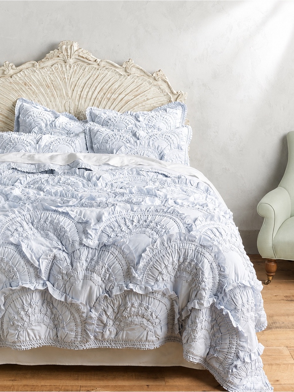 Anthropologie Rivulets Tufted Queen Quilt 5-Piece Set Grey Ruffled